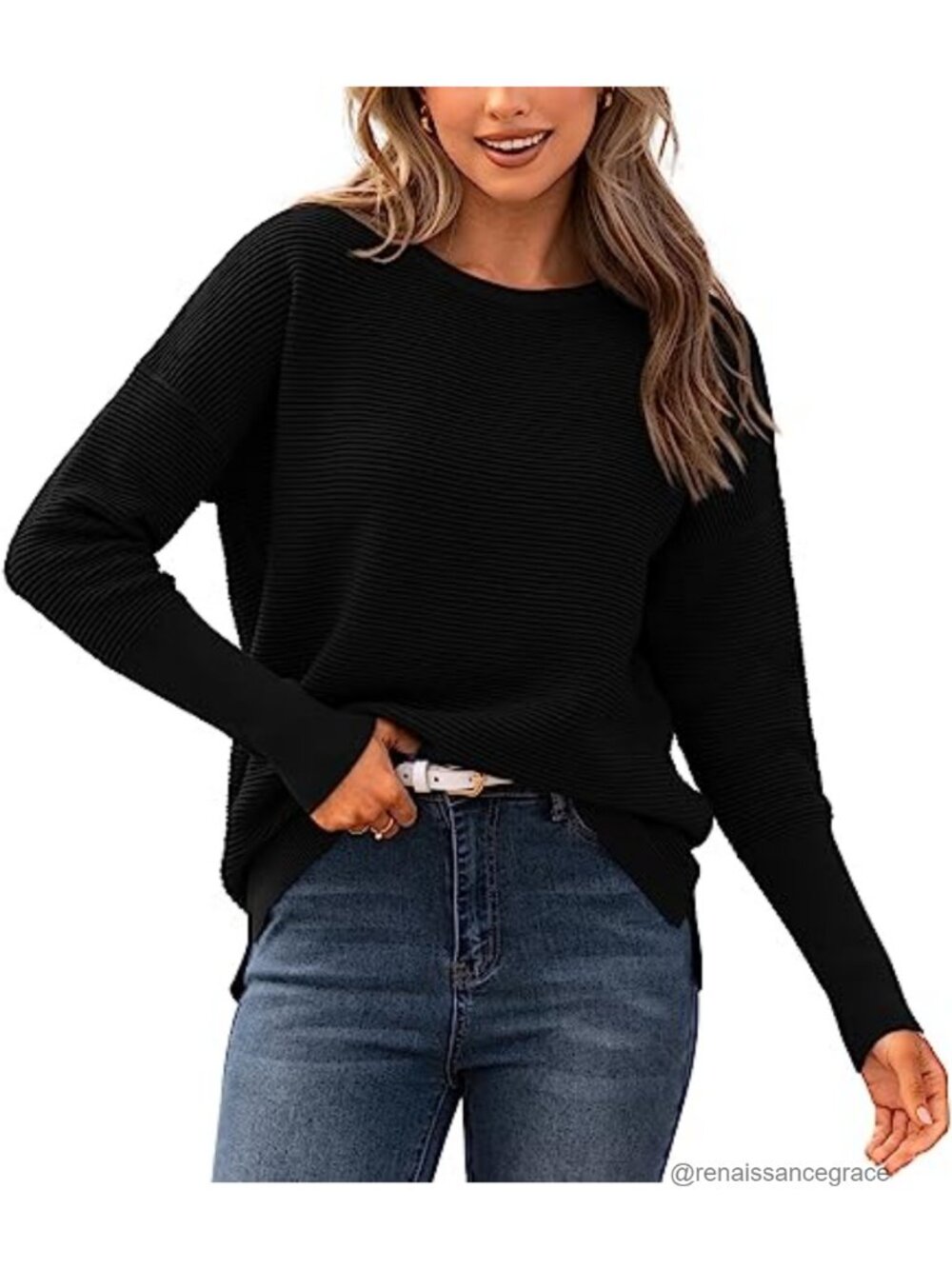 Women's Ribbed Knit Loose Fit Crew Neck Pullover Sweater